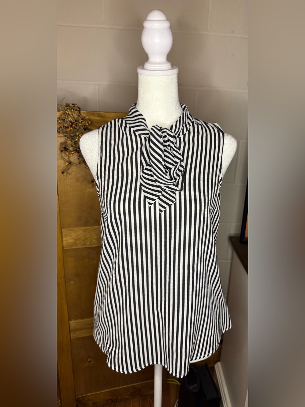 Doe & Rae Black and White Vertical Stripe Tie-Neck Sleeveless Top